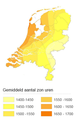 Zonnekaart aantal zonuren Nederland